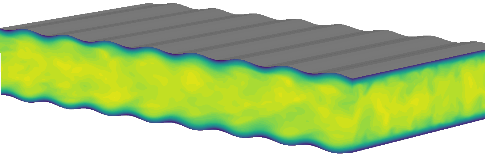 Three-dimensional turbulent channel flow over walls deforming as streamwise traveling waves, with streamwise velocity contours on the faces of the domain
